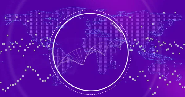 紫色の背景に世界地図上のDna鎖でスキャン範囲の構成 テクノロジー コンピューティング デジタルインターフェースの概念デジタル生成された画像 — ストック写真
