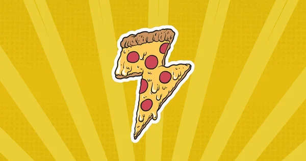 Image of pizza icons over stripes on yellow background. celebration and digital interface concept digitally generated image.