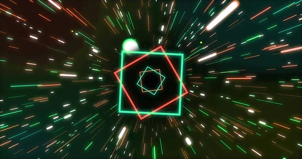 Image of green and orange neon squares and light trails on black background. Neon, light and movement concept digitally generated image.