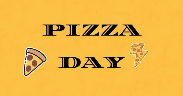 Image of pizza day text and pizza slices over orange background. Pizza day and celebration concept, digitally generated image.