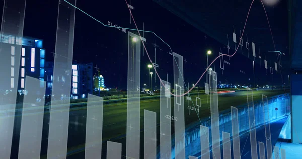 Bild Statistik Och Databehandling Över Stadsbilden Global Kommunikation Affärer Digitalt — Stockfoto