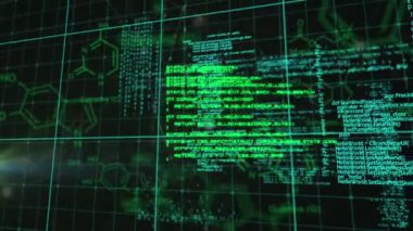 Kimyasal yapılar üzerinde veri işleme animasyonu. Küresel iş ve dijital arayüz kavramı dijital olarak oluşturulmuş video.