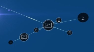 Animation of network of connections with icons over blue background. Global networks, business, finances, computing and data processing concept digitally generated video.