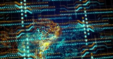 Ağ animasyonu, bilgisayar devre kartında veri işleme. Küresel çevrimiçi güvenlik, veri işleme, dijital arayüz ve bağlantılar konsepti dijital olarak oluşturuldu.