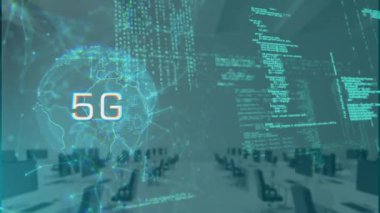 Boş ofis üzerinden 5G metin ve veri işleme animasyonu. Küresel ağlar, işletmeler, finans, hesaplama ve veri işleme kavramı dijital olarak oluşturuldu.