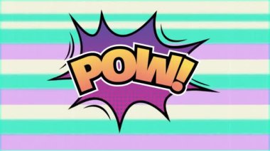 Soyut arkaplana karşı konuşma baloncuklarıyla ünlem sembollü pow metninin animasyonu. Dijital olarak üretilen hologram, illüstrasyon, çizgi film ve teknoloji kavramı.