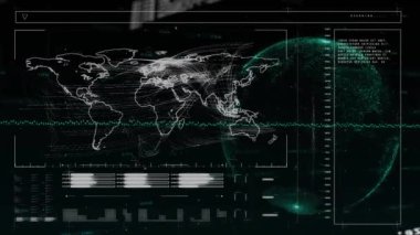 Dünya haritası ve küresi üzerinde finansal veri işleme animasyonu. Küresel iş, finans, hesaplama ve veri işleme kavramı dijital olarak oluşturulmuş video.