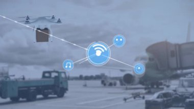 İHA ve havaalanı üzerindeki simgelerle bağlantı ağının animasyonu. Küresel gönderim, bağlantılar ve veri işleme kavramı dijital olarak oluşturulmuş video.