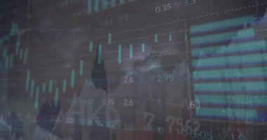 Animation of financial data processing over cityscape. Global business, finances, computing and data processing concept digitally generated video.