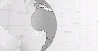 Dönen dünya ve ızgara ağı üzerinden istatistiksel veri işleme üzerinden numaraları değiştirmenin animasyonu. Küresel ağ ve iş veri teknolojisi kavramı