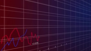 Mor gradyan arka plana karşı ızgara ağı üzerinden istatistiksel veri işleme animasyonu. İş teknolojisi kavramı