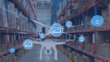 Depo ve İHA üzerindeki simgelerle bağlantı ağının animasyonu. Küresel iş ve dijital arayüz kavramı dijital olarak oluşturulmuş video.