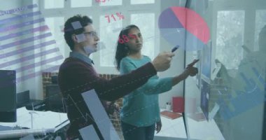 Animation of financial data processing over diverse business people in office. Global business, finances, computing and data processing concept digitally generated video.