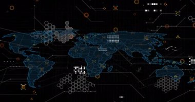 Veri işleme animasyonu ve kara arka planda dünya haritası. Küresel iş ve dijital arayüz kavramı dijital olarak oluşturulmuş video.