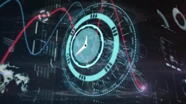 Veri işleme ve dünya haritası üzerinde hareket eden saatin animasyonu. Küresel iş ve dijital arayüz kavramı dijital olarak oluşturulmuş video.