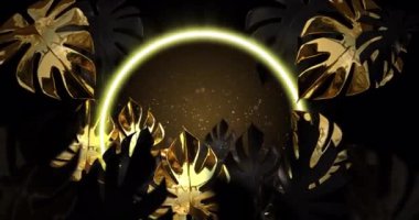 Kahverengi arka planda sarı neon halkalı altın tropikal yaprakların animasyonu. Dijital olarak üretilen tropik bitkiler, renk ve doğa konsepti.