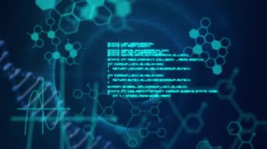 DNA sarmalı ve molekül yapısıyla bilgisayar dilinin animasyonu arka plandaki dairelere karşı. Dijital olarak üretilmiş, hologram, kodlama, tıbbi, sağlık ve teknoloji konsepti.