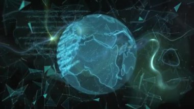 Bilgisayar dilinin dünya üzerindeki animasyonu ve soyut arkaplan karşısında şekillenen birleşik noktalar. Dijital olarak üretilmiş, hologram, küreselleşme, iletişim, kodlama ve teknoloji kavramı.