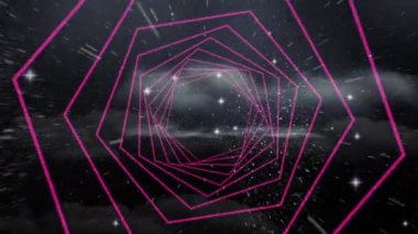 Sarmal neon tüneli üzerinde yıldızların animasyonu siyah arkaplanda kusursuz bir döngü üzerindedir. Işık, desen ve renk konsepti dijital olarak oluşturulmuş video.