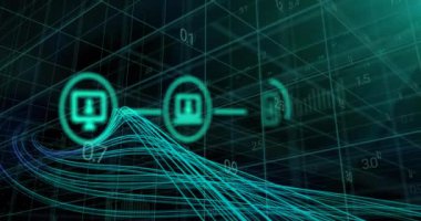 Şebeke üzerinde dijital elektronik aygıt simgeleri ve veri işleme animasyonları. Küresel hesaplama, veri işleme, dijital arayüz ve bağlantılar konsepti dijital olarak oluşturuldu.