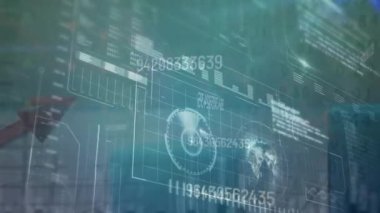 Animation of financial data processing over scope. Global business, finances, computing and data processing concept digitally generated video.