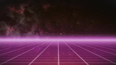 Bulutların üzerinde hareket eden kıvılcımların ve karelerin animasyonu. Geçmişe dönük gelecek ve dijital arayüz kavramı dijital olarak oluşturulmuş video.