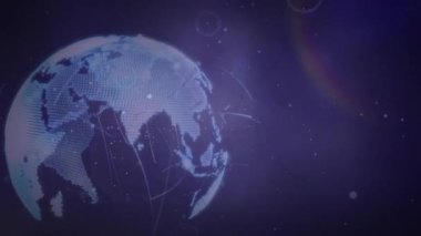 Siyah arkaplan etrafında dönen çizgilerin üzerindeki mercek parlamasının animasyonu. Dijital olarak üretilen hologram, illüstrasyon, küreselleşme, boşluk, soyut ve teknoloji kavramı.