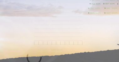 Uçak ve peyzaj üzerinde finansal veri işleme animasyonu. Küresel iş, finans, hesaplama ve veri işleme kavramı dijital olarak oluşturulmuş video.