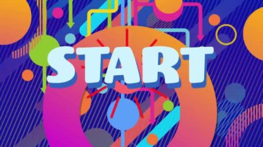 Renkli şekiller ve mavi arkaplandaki oklar üzerinde başlangıç metninin canlandırması. Sosyal medya ve dijital arayüz konsepti dijital olarak oluşturulmuş video.