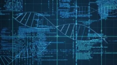 Veri işleme ve ızgara üzerinde dönen DNA iplikçiklerinin animasyonu. Küresel bilim, araştırma, ağlar, hesaplama ve veri işleme kavramı dijital olarak oluşturulmuş video.