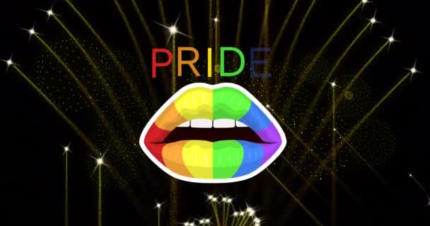 引以为傲的彩虹文字和嘴唇的动画 烟花在黑色的背景上爆炸 Pride Month Lgbtq Human Rights Equality Concept Digital — 图库视频影像
