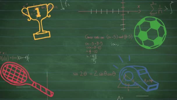 Animace Sportovních Ikon Zpracování Matematických Dat Zeleném Pozadí Globální Koncepce — Stock video
