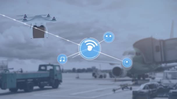 Animazione Della Rete Connessioni Con Icone Drone Aeroporto Concetto Globale — Video Stock