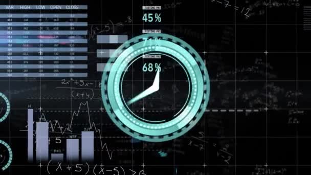 Animering Klockan Tickar Och Databehandling Över Skärmar Globala Affärs Ekonomi — Stockvideo