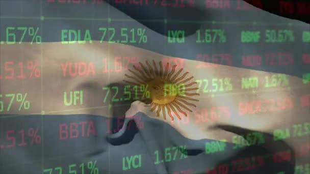 Анимация Обработки Данных Фондового Рынка Против Размахивания Флагом Аргентины Концепция — стоковое видео