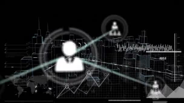 Animacja Połączeń Ikonami Przetwarzanie Danych Finansowych Przestrzeni Miejskiej Globalny Biznes — Wideo stockowe