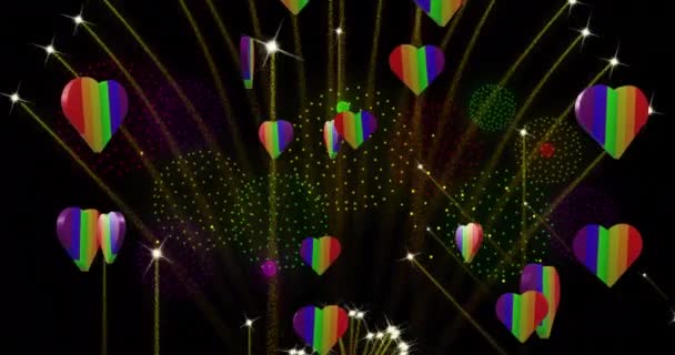 黒を背景に虹色のハートと花火が爆発するアニメーション プライド月間 Lgbt 平等の概念デジタルで生成されたビデオ — ストック動画