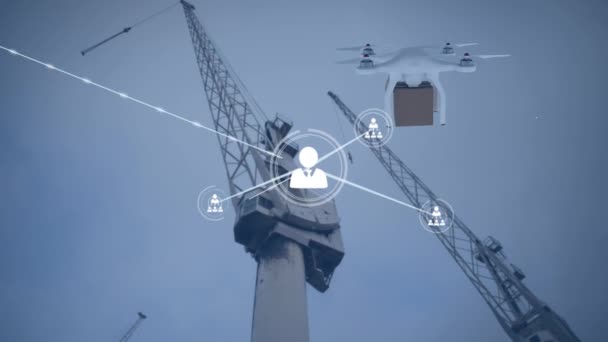 Animazione Della Rete Connessioni Con Icone Drone Gru Concetto Globale — Video Stock