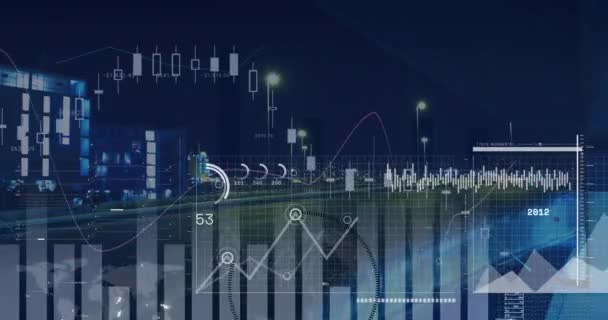 Animation Der Finanzdatenverarbeitung Über Das Stadtbild Globales Geschäft Datenverarbeitung Digitale — Stockvideo