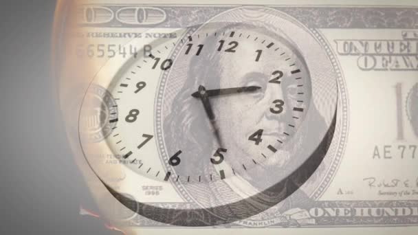 Animación Del Reloj Corriendo Por Quema Billetes Dólar Americano Moneda — Vídeo de stock
