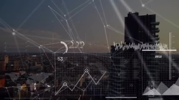 Animering Finansiella Data Bearbetning Över Stadsbilden Global Verksamhet Databehandling Digitalt — Stockvideo