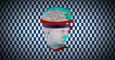 Kareli arka planda kafa heykeli resmi. Sanat, abstarct ve şablon kavramı dijital olarak oluşturuldu.