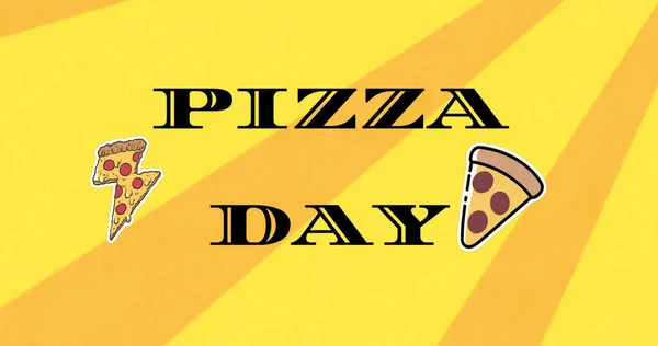Image of pizza day over pizza icons on yellow background. celebration and digital interface concept digitally generated image.