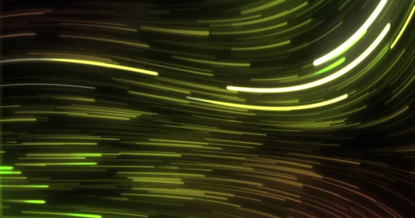 Image of green and orange neon light trails on black background. Neon, light and movement concept digitally generated image.
