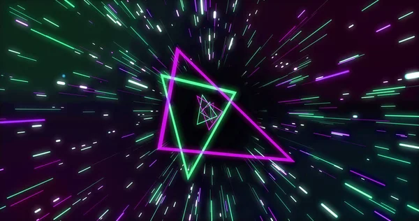 Image of green and pink neon triangles and light trails on black background. Neon, light and movement concept digitally generated image.