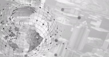 Dönen dünyanın üzerindeki gri noktaları şehir manzarasının havadan görüntüsüne bağlayan animasyon. Küresel ağ ve iş teknolojisi kavramı