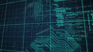 Bilgisayar dilinin üzerindeki şebeke kalıbının animasyonu siyah arkaplandaki devre kartı kalıbına karşı. Dijital olarak üretilmiş, hologram, kodlama, makine öğrenme, anakart ve teknoloji kavramı.