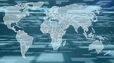 Dünya haritası ve veri işleme animasyonu. Küresel bağlantılar, veri işleme, dijital arayüz ve bağlantılar konsepti dijital olarak oluşturuldu.