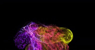 Çok renkli noktaların canlandırılması, siyah arkaplana karşı soyut desen oluşturuyor. Dijital olarak üretilmiş, hologram, illüstrasyon, aydınlatılmış, veri, bağlantı, fütüristik, parçacık ve teknoloji.