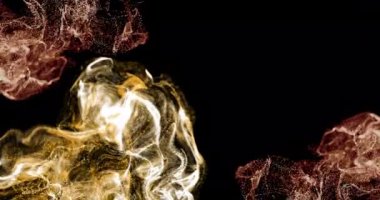 Siyah arkaplana karşı dinamik dalga desenleri oluşturan noktaların animasyonu. Dijital olarak üretilmiş, hologram, illüstrasyon, aydınlatılmış, veri, bağlantı, parçacıklar, gelecek ve teknoloji kavramı.